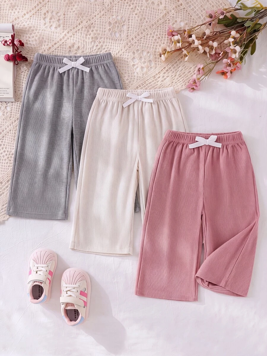 SHEIN Vintaside Kids 3件組幼女寬腿褲 可愛甜美 粉色/灰色/奶油色 羅紋蝴蝶結前綴 高腰 輕便 度假派對 夏季婚禮賓客 假期芭蕾 純色 - 彩色 - 查看 1