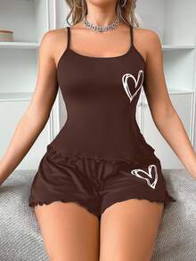 Softscene Casual Minimalist Heart Print Camisole & Shorts Women's Pajama Set - Coffee Brown - View 5