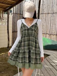 DAZY 青少年女孩格紋百褶休閒日常外出細肩帶上衣 - 綠色 - 查看 7