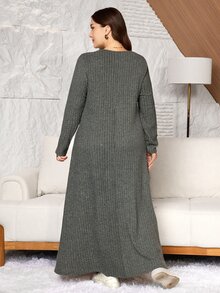 Lacomfia Hollow Lace Patchwork Knit Brushed Ribbed Loose Long Sleeve Dress Casual Minimalist Fashion Elegant Comfortable Plus Size - Fresh Green - View 2