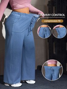 Flexra Plus Size Women's Drawstring Waist Casual Daily Straight Leg Denim Jeans - Blue - View 1