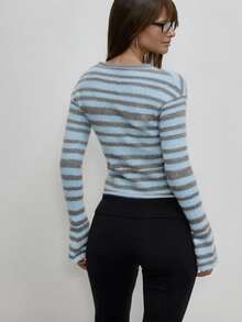 MUSERA Striped Fuzzy Knit Long Sleeve Cardigan Top Autumn Cute Daily Girly Sweet Mischief - Blue - View 5