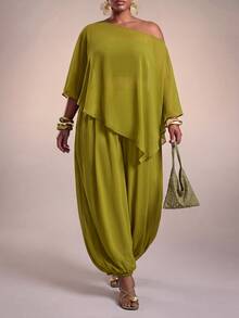 Zivah Plus Size Women Solid Color Asymmetrical Shoulder Top And Pants Casual Daily 2 Pieces Set - Olive Green - View 8