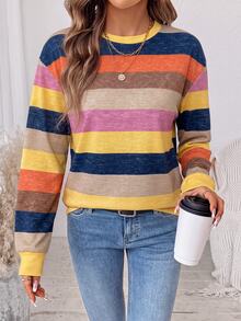 SHEIN LUNE Women's Striped Colorblock Casual Everyday Long Sleeve Sweatshirt - White - View 1