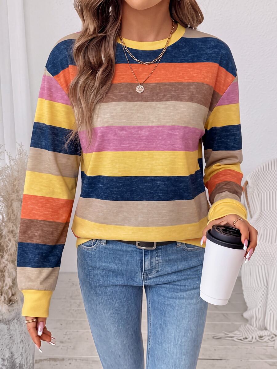 SHEIN LUNE Women's Striped Colorblock Casual Everyday Long Sleeve Sweatshirt - White - View 1