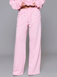 MUSERA 鉚釘穿孔彈性抽繩腰寬鬆直筒慢跑褲 秋冬日常返校穿搭 粉色 Pony - 淺粉色 - 查看 2