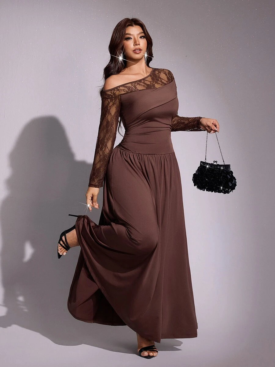 Viva Relle Plus Size Elegant Asymmetrical Shoulder Slim Fit Long Sleeve Dress - Coffee Brown - View 1