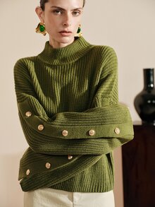 Arave Sweater Kasual Wanita Bahan Akrilik, Potongan Longgar, Lengan Samping, Desain Kancing - Hijau Tentara - View 2