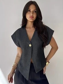 Firerie Women's Metal Single Button Batwing Short Sleeve Regular Jacket - Dark Grey - View 6