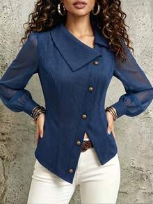 LUMIGAL Blus Kasual Wanita dengan Motif Jala dan Patchwork untuk Pemakaian Sehari-hari - Navy Blue - View 4