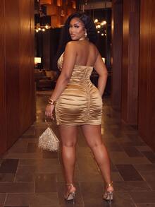 Veslaya Elegant Sexy Mini Dress For Date Party Holiday, Halter Neck Pleated Sleeveless Drawstring Slim Fit Bodycon Waist-Cinching Plus Size Dress - Khaki - View 3