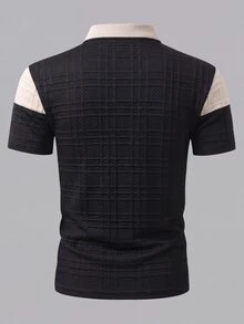 EGENSIO 男士高級鑽石格紋短袖 Polo 衫，配對比領口與肩部皮革貼片，百搭日常通勤上衣 - 黑色 - 查看 2
