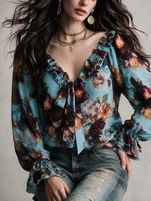 Linhara CURVE Casual Daily Street Vacation Ruffle Hem Random Print Women Plus Size Shirt - Multicolor - View 4