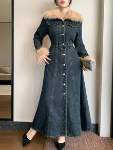 DAZY Women's Washed Denim Long Dress With Fur Collar Design And Cinched Waist - Medium Wash - View 4