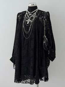 Sunspun Fashion High Neck Lace Batwing Long Sleeve 2 In 1 Dress Fall - Black - View 7