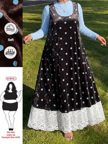 SHEIN CURVE+ Plus Size Women's Solid Color Long Sleeve Top And Lace Patchwork Polka Dot Dress Fashion Set Fall - Multicolor - View 5