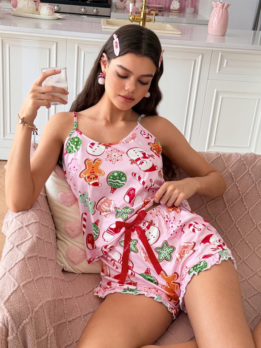 SweetSlumber Christmas Sweet Cute Bow Pattern Spaghetti Strap Women Pajama Set - Multicolor - View 1