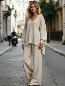 LUMIGAL Relaxed Fit V Neck Asymmetric Hem Drop Shoulder Ribbed Cuff Long Sleeve Loose Pullover Top High Waist Elastic Waist Wide Leg Straight Pants Women Sweater Two Pieces Set - Apricot - View 6