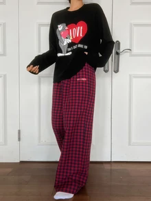 TOM AND JERRY X DAZY Women's Cartoon Pattern Long Sleeve Top And Pants Casual Daily Home Pajama Set - Black - View 5