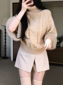 DAZY Women's Semi-High Neck Frayed Patchwork Casual Solid Color Autumn/Winter Korean Style Elegant Sweater - Pink - View 1
