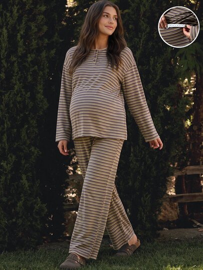 Boho Mama Maternity Striped Crew Neck Long Sleeve T-Shirt And Adjustable Waist Long Pants Casual 2 Pieces Set