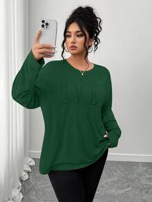 SHEIN LUNE CURVE 大尺碼休閒圓領長袖刺繡T恤 秋季 - 墨綠色 - 查看 5