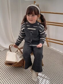 DAZY Infant Girl Round Neck 2 In 1 Korean Style Striped Long Sleeve Sweater Set - Grey - View 8