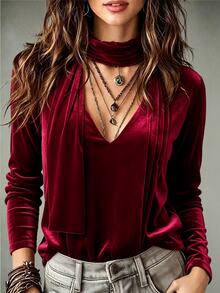 LUMIGAL Autumn/Winter Party Christmas Wine Scarf Decor V-Neck Pleated Design Long Sleeve Loose Fit Women's Top - Multicolor - View 3