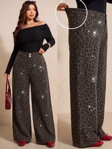 SHEIN MOD Plus Size Women's Leopard Print Casual Daily Wide Leg Denim Jeans - Brown - View 4