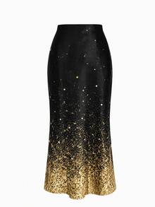 SHEIN Clasi Gold Sequin Gradient Print Cowl Neck Blouse And Mermaid Skirt Set. Suitable For Party - Black - View 7