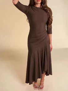 SHEIN BAE Fall Winter Chocolate Brown Ruched Asymmetric Hem Bodycon Elegant Midi Dress Thanksgiving Day Of The Dead Brunch Party Going Out - Brown - View 3