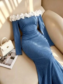 SHEIN MOD Women's 3D Floral Decor Off-Shoulder Long Sleeve Fitted Elegant Denim Dress - Blue - View 1