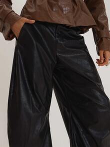 MUSEYN Celana Panjang Model Barrel Leg Warna Hitam PU, Serbaguna untuk Sehari-hari, Kasual, dan Musim Gugur. - Hitam - View 5