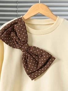 SHEIN 女童秋冬保暖抓絨甜美圓點大蝴蝶結裝飾休閒套頭衛衣 - 米色 - 查看 4