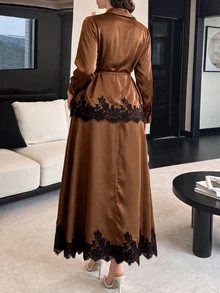 Modelyn Elegant Lace Patchwork Satin Drape Tie Long Sleeve Blouse & Full Skirt Two Pieces Set For Women Plus Size - Brown - View 9