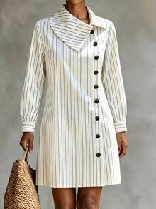 LUMIGAL Women's Autumn New Casual Striped Button Front Short & Long Sleeve Dress - Black and White - View 1