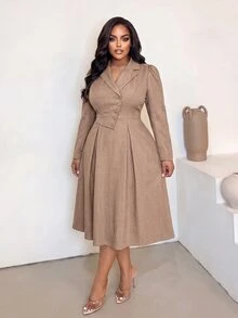 Poshavie Poshavie Plus Size Women Elegant Business Casual High-End Fashion Long Dress, Fall Intelligent Workplace Office Evening Style Long Sleeve, Suitable For Camel - Brown - View 4