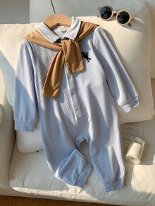 SHEIN 中性嬰兒男/女嬰、幼兒 2件組秋冬抓絨加厚可愛學院風藍白條紋連身衣與棕色披肩，嬰兒冬季連身衣套裝，聖誕 - 藍色 - 查看 6