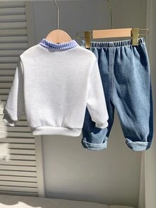 SHEIN 男女嬰兒/幼兒 2件組秋冬加厚抓絨內裡休閒可愛假兩件式運動衫套裝，牛仔色，嬰兒運動服，嬰兒冬季衣物，牛仔褲 - 藏蓝色 - 查看 2