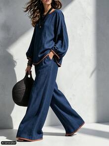 Trelyra Autumn Clothing, Round Neck Contrast Trim Long Sleeve Top And Straight Leg Wide Leg Pants Two Pieces Set, Navy Blue Casual Two Pieces Set, Elegant Commute Two Pieces Set - Navy Blue - View 7