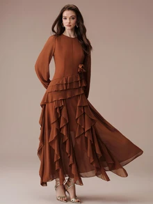 BELROSIE Gaun Panjang Ekstra Wanita Desain Romantis Elegan Berlapis-lapis Bahan Chiffon Warna Polos Musim Gugur/Musim Dingin, Cocok untuk Pesta Makan Malam Thanksgiving/Malam Hari dengan Nuansa Cokelat - Jeruk - View 5