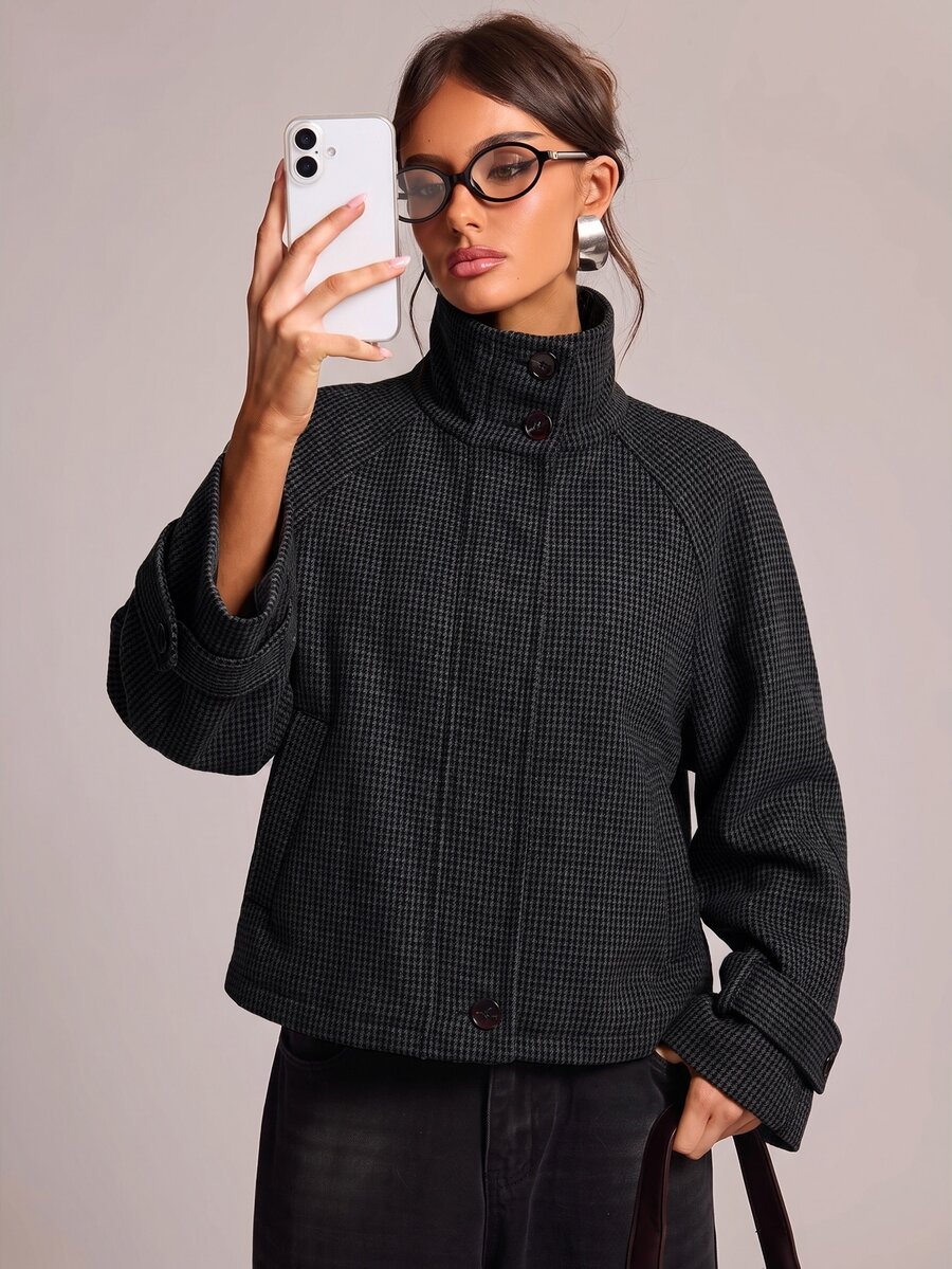 SHEIN BAE 女款街頭時尚高領鈕扣長袖夾克 - 深灰色 - 查看 1