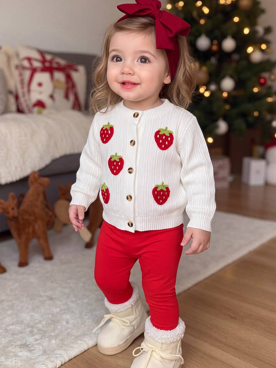 SHEIN Baby Girl Contrast Color 3D Embroidered Strawberry Decor Elastic Ribbed Thick Textured Fabric Cardigan Top And Elastic Brushed Base Layer Long Pants Set, Suitable For Winter - Red and White - View 1