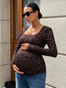 MaterniWear 孕婦法式波點印花長袖T恤，適合日常穿著 - 白色 - 查看 6