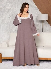 Lacomfia Plus Size Women's Contrast Lace Square Neck Long Sleeve Elegant Dress - Pink - View 4