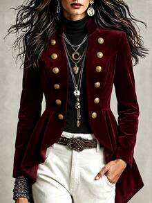 Yalmera Women's Autumn Solid Color Stand Collar Long Sleeve Double-Breasted Napoleon Jacket - Burgundy - View 6
