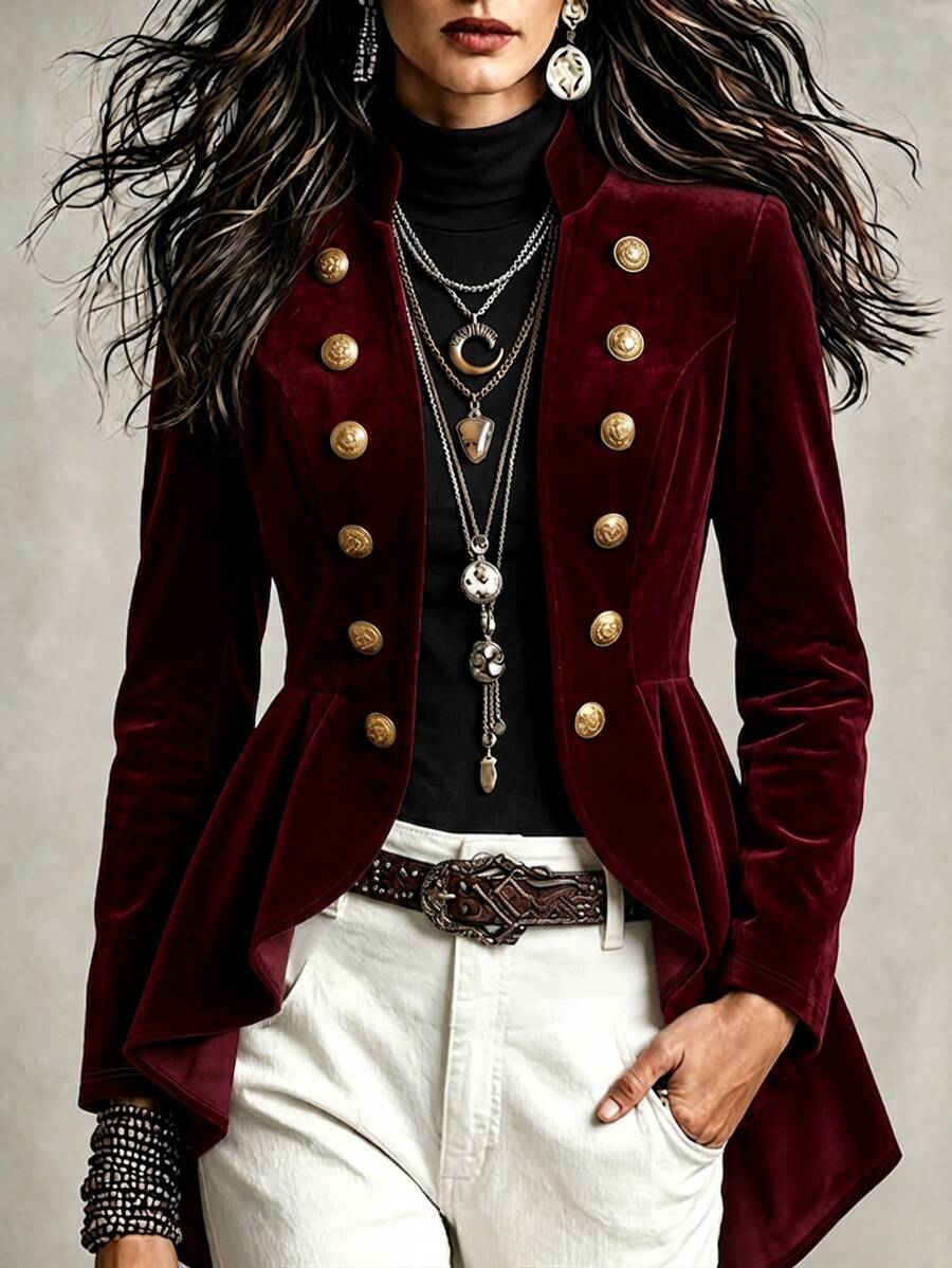 Yalmera Women's Autumn Solid Color Stand Collar Long Sleeve Double-Breasted Napoleon Jacket - Burgundy - View 1