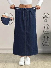 SHEIN MOD Women's Street Style Drawstring Waist Pocket Denim Skirt - Dark Wash - View 1