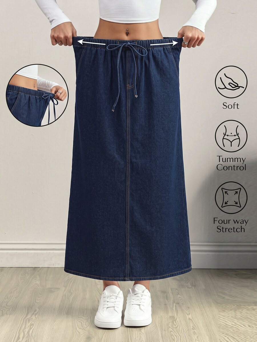 SHEIN MOD Women's Street Style Drawstring Waist Pocket Denim Skirt - Dark Wash - View 1