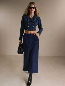 Poéselle 女款高腰牛仔裙，對比縫線配腰帶，修身A字版型 - 深色水洗藍 - 查看 3